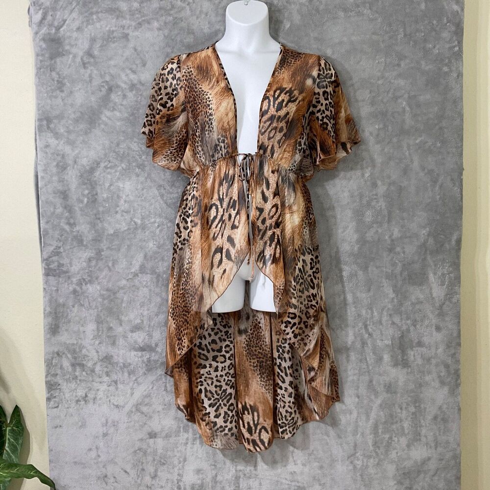 Women’s L hi low swim Cover Up sz. L cardigan Animal Print Open Front Boho sheer